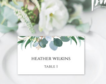 Greenery Place Card Template, Greenery Wedding Place Card, Escort Cards, Printable Place Cards, Folding Tent Style Place Cards, CUT + FOLD