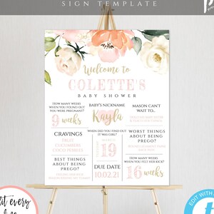 Plantilla de tablero de estadísticas de embarazo floral de melocotón, cartel de recuerdo del embarazo, tablero de hitos del embarazo, regalo de embarazo, signo de baby shower, BSP2