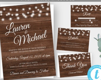 Rustic Wedding Invitation Template Suite With String Lights, Country Wedding Set, Farm Wedding Kit with RSVP, Edit + Print Yourself, WBRL4