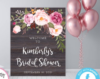 Rustic Floral Welcome Poster Bridal Shower Sign Template, Bridal Shower Welcome Sign, DIY Bridal Shower Sign, Wedding Shower Sign, WSRF