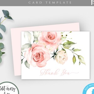 Pink Floral Thank You Card Template for Girl, Editable Folding Card, Baptism Thank You Card, Thank You Note, Custom Thank You Card, BAP9