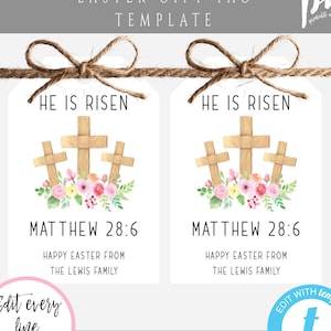 He is Risen Easter Tag Template, Christian Church Tag Personalized, Church Easter Tag, Religious Favor Tag, Easter Sunday Tag With Cross