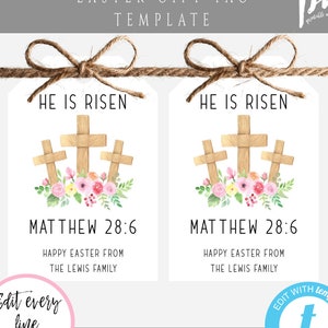 He is Risen Easter Tag Template, Christian Church Tag Personalized, Church Easter Tag, Religious Favor Tag, Easter Sunday Tag With Cross