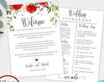Red Floral Wedding Itinerary Template Download Printable Wedding Itinerary, Editable Template Welcome Note & Wedding Timeline Welcome Letter
