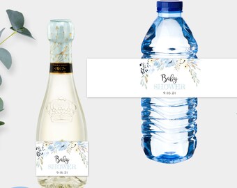 May include: Two printable labels for a baby shower. One label is for a water bottle and the other is for a mini champagne bottle. Both labels feature a watercolor design with blue and yellow flowers and greenery. The text on the labels reads "Baby Shower" and "9.16.21".