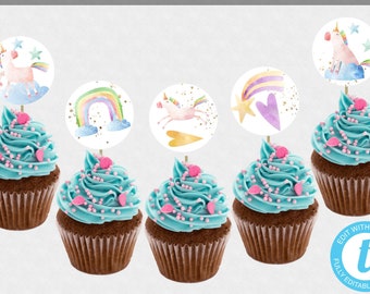 Unicorn Birthday Cupcake Topper Template, Rainbow Birthday, Magical Unicorn, 2 Inch Round Cupcake Toppers, Download + Print Today, BPU