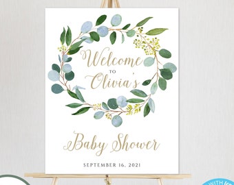 Greenery Baby Shower Welcome Sign Template, DIY Welcome Baby Shower Sign, Edit + Print Welcome Poster, Instant Download, 16 x 20 Sign, BSG