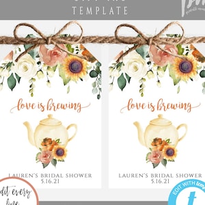 Fall Bridal Shower Favor Tag Template, Sunflower Tag Personalized, Love is Brewing Thank You Tag, Editable Shower Favor Tag, Boho Tag, SBS