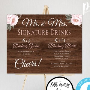 Rustic Wedding Drinks Sign Template, His & Hers, Printable Signature Drinks Sign, Editable Specialty Drink Sign Personalized Bar Sign, WBRF2