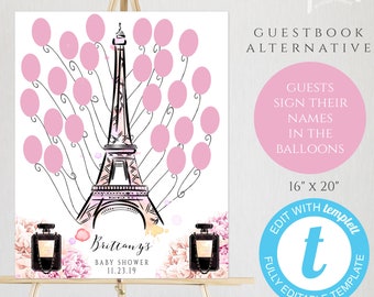 Balloon Guest Book Alternative Template for Paris Baby Shower, Editable Sign, French Baby Shower, Eiffel Tower Fingerprint Guestbook, BSPP