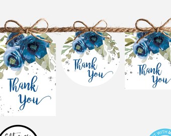 Blue Floral Favor Tag Template, Thank You Tag Personalized, Baby Shower Thank You Tag for Boy, Editable Boho Favor Tag for Welcome Bag, BFG