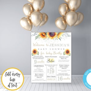 Plantilla de tablero de estadísticas de embarazo de girasol, cartel rústico de recuerdo de embarazo, tablero de hitos del embarazo de otoño signo de baby shower IMPRIMIBLE, BSTSF