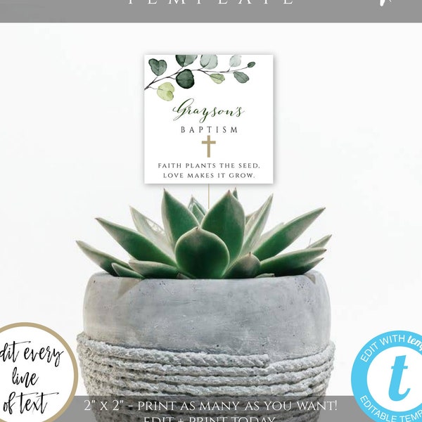 Faith Plants the Seed Love Makes it Grow Favor Tag, Baptism Succulent Favor Tags, Editable Template, Printable Cactus or Plant Tag, BAP8