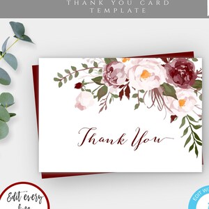 Modèle de carte de remerciement floral bordeaux, carte de remerciement funéraire, merci imprimable, modèle funéraire modifiable 5x3.5 plat Merci BFF2