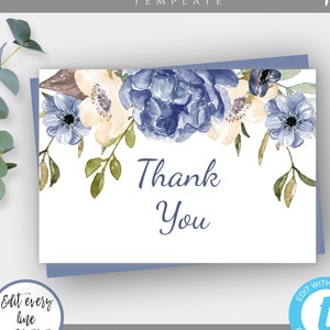 Blauwe bloemen dank u kaartsjabloon, DIY afdrukbare dank u kaart voor begrafenis, Instant Download, bewerkbare dank u kaart, vouwkaart, BFF3