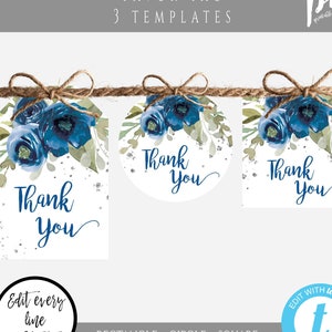 Blue Floral Favor Tag Template, Thank You Tag Personalized, Baby Shower Thank You Tag for Boy, Editable Boho Favor Tag for Welcome Bag, BFG