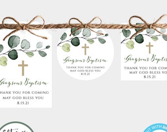 Greenery Baptism Favor Tags Template, Gift Tags Printable, Tags Personalized, Thank You Tag, Favor Tag for Communion, Welcome Bag Tag, BAP8