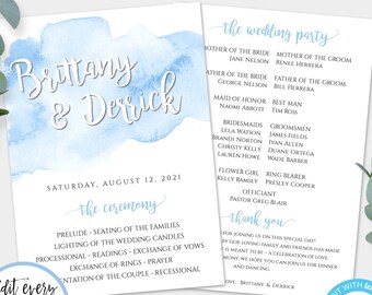 Light Blue Watercolor Wedding Program, Printable Program, Wedding Ceremony Program, DIY Editable Template Double Sided Program, WBBW3