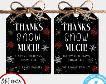 Thanks Snow Much Gift Tag Template, Warm and Cozy Holiday Gift Tags, Printable Christmas Gift Tags, DIY Editable Winter Shower Favor Tag