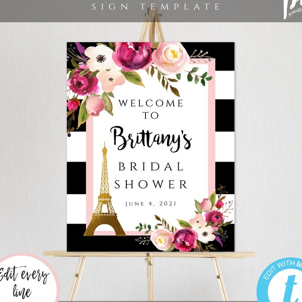 Eiffel Tower Paris Theme Welcome Sign Template for Bridal Shower, Printable French Wedding Shower Sign, Bridal Shower Decor Welcome, WSPBW