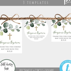 Greenery Baptism Favor Tags Template, Gift Tags Printable, Tags Personalized, Thank You Tag, Favor Tag for Communion, Welcome Bag Tag, BAP8 image 1