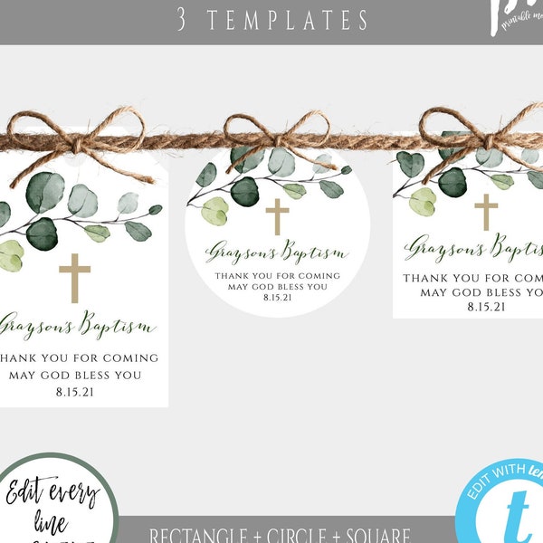 Greenery Baptism Favor Tags Template, Gift Tags Printable, Tags Personalized, Thank You Tag, Favor Tag for Communion, Welcome Bag Tag, BAP8