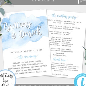 Light Blue Watercolor Wedding Program, Printable Program, Wedding Ceremony Program, DIY Editable Template Double Sided Program, WBBW3