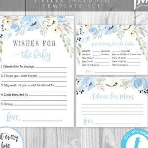 Blue Floral Baby Shower Keepsake Card Template, Wishes For Baby, Advice For The Mommy To Be, Predictions For Baby, Self Edit + Print, BSBF