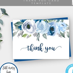 Modèle de carte de remerciement pliable floral bleu, note de remerciement funéraire, célébration de remerciement floral bleu marine du souvenir de la vie, bleu poussiéreux, DBFF