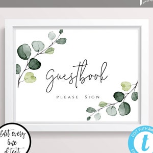 Greenery Wedding Guest Book Sign Template, Editable Wedding Sign Decor, Printable Guestbook, Sign Our Guestbook DIY Download, WBGE