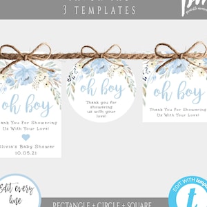 Blue Floral Baby Shower Gift Tag Template Set for Boy, Printable Gift Tag, Personalized Favor Tag, Self Edit + Print Thank You Tag, BSBF