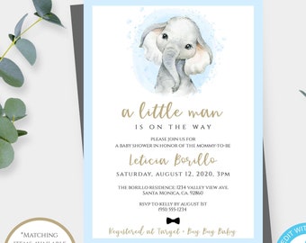 Elephant Baby Shower Invitation for Boy, A Little Man is on the Way Invitation, Editable Boy Baby Shower Invite, Printable Blue Elephant,SBE