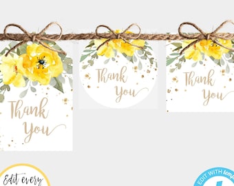 Yellow Floral Favor Tag Template Set of 3, Gold Tag Personalized, Greenery Thank You Tag, Shower Favor Tag, Boho Tag, Welcome Bag Tag, BSYG