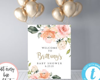 Peach Floral Baby Shower Welcome Sign Template, Shower Welcome Sign, Welcome Poster Sign for Girl Baby Shower, Instant Download, BSP5