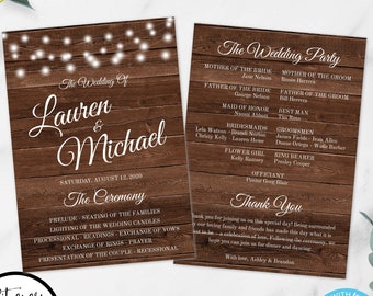 Rustic Wedding Program Template, Rustic Lights Printable Program, Instant Download, DIY Ceremony Program, Editable Wedding Program, WBRL4