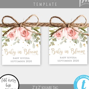 Pink Floral Favor Tag Baby In Bloom Template, Blush Pink Tag Personalized, Greenery Thank You Tag, Shower Favor Tag Boho Tag or Sticker BSBG