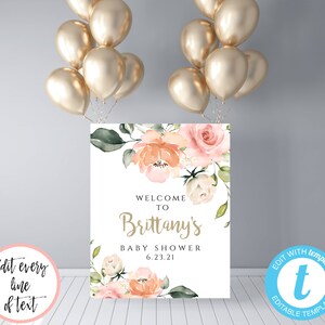 Peach Floral Baby Shower Welcome Sign Template, Shower Welcome Sign, Welcome Poster Sign for Girl Baby Shower, Instant Download, BSP5