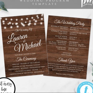May include: A rustic wedding program template with a woodgrain background and white fairy lights. The text reads "The Wedding of Lauren & Michael" and includes the date "Saturday, August 12, 2020". The program lists the wedding ceremony order and the wedding party.