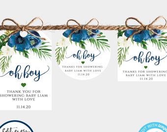 Oh Boy Blue Floral Baby Shower Gift Tag Template Set for Boy, Printable Gift Tag, Personalized Favor Tag, Self Edit + Print Thank You Tag