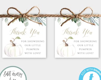 White Pumpkin Favor Tag Template, Little Pumpkin Baby Shower Printable, Gender Neutral Watercolor Fall Thank You Tag for Rustic Shower, WPS