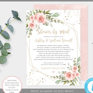 Shower By Mail Invitation Template, Virtual Baby Shower, Editable Pink Floral Invite, Digital Baby Shower Invitation for Social Media, BSBG