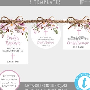 Purple Floral Baptism Favor Tag Template Set, Printable Thank You Tag, Baptism Gift Tags, Instant Download, DIY Editable Tag Template,  BAP6