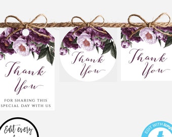 Purple Floral Wedding Favor Tag TEMPLATE, Printable Thank You Tag, Gift Tag Template, Downloadable, Edit + Print Yourself, Plum Floral, WBPF