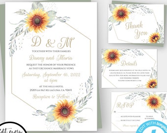 Rustic Wedding Invitation Template Suite, Sunflower Wedding Set, Country Wedding, Fall Wedding Printable Invitation Set, Barn Wedding