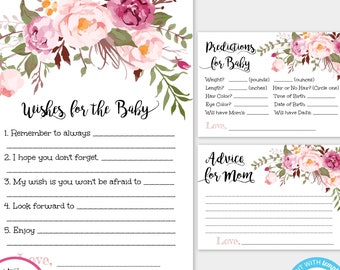 Pink Floral Baby Shower Keepsake Templates, Printable Wishes For Baby, Advice For The Mommy To Be, Predictions For Baby Keepsake Cards, BSBH