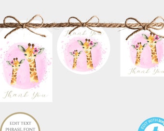 Pink Giraffe Thank You Favor Tag Template, Girl Baby Shower Gift Tag Printable, Tag Personalized, Shower Favor Tag, DIY Baby Shower Tag, SPG