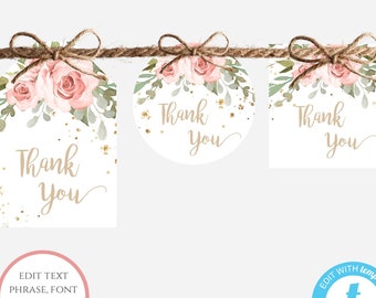 Pink Floral Favor Tag Template, Blush Pink Tag Personalized, Greenery Thank You Tag for Girl Baby Shower Boho Favor Tag for Welcome Bag BSBG