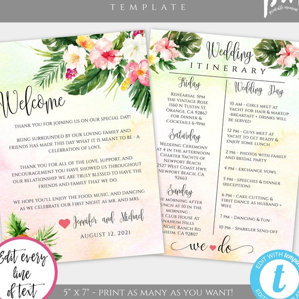 Tropical Wedding Itinerary Template Download, Destination Wedding Itinerary Edit + Print Welcome Note & Wedding Timeline Welcome Letter TWBI