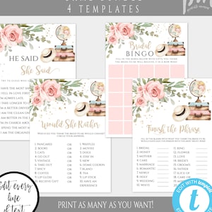 Travel Bridal Shower Game Template Set, Traveling from Miss to Mrs, Editable Pink Floral Games, Printable Travel Games, Map + Suitcase TBSP