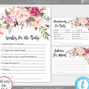 Pink Floral Baby Shower Keepsake Templates, Printable Wishes For Baby, Advice For The Mommy To Be, Predictions For Baby Keepsake Cards, BSBH